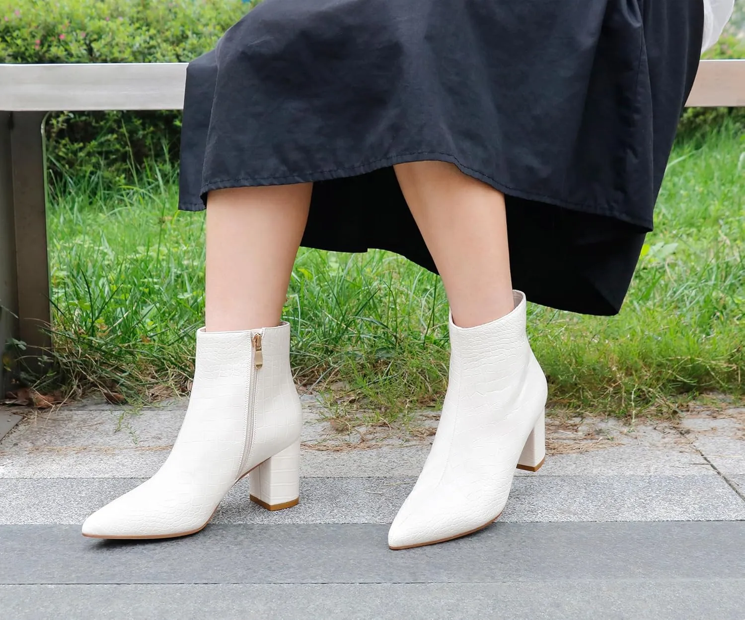 JOY IN LOVE Women's Ankle Boots Chunky Block Heel Pointed Toe Zipper Boots