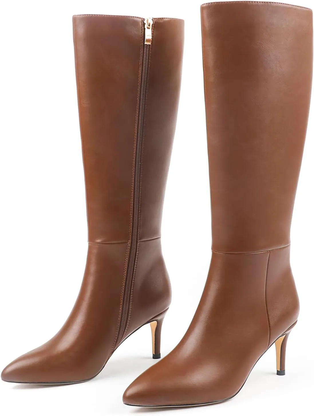 JOY IN LOVE Women's Knee High Tall Boots 2.75" Stiletto Heel Pointed Toe Zipper Boots