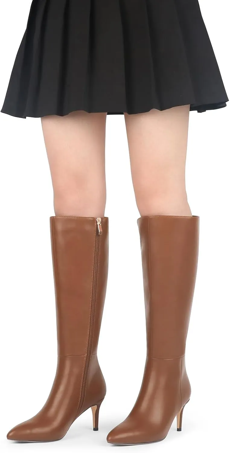 JOY IN LOVE Women's Knee High Tall Boots 2.75" Stiletto Heel Pointed Toe Zipper Boots