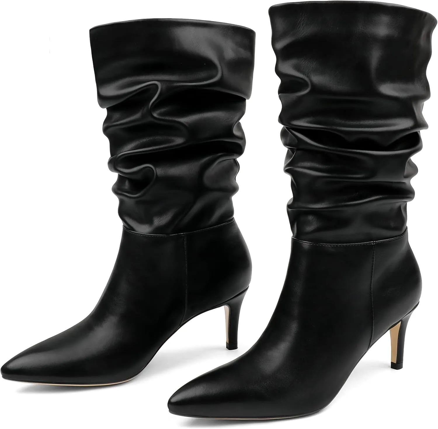 JOY IN LOVE Women's Low Heel Boots, Mid-Calf High Wrinkled Slouchy Boots