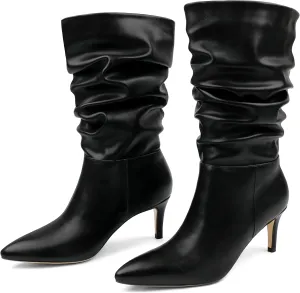 JOY IN LOVE Women's Low Heel Boots, Mid-Calf High Wrinkled Slouchy Boots