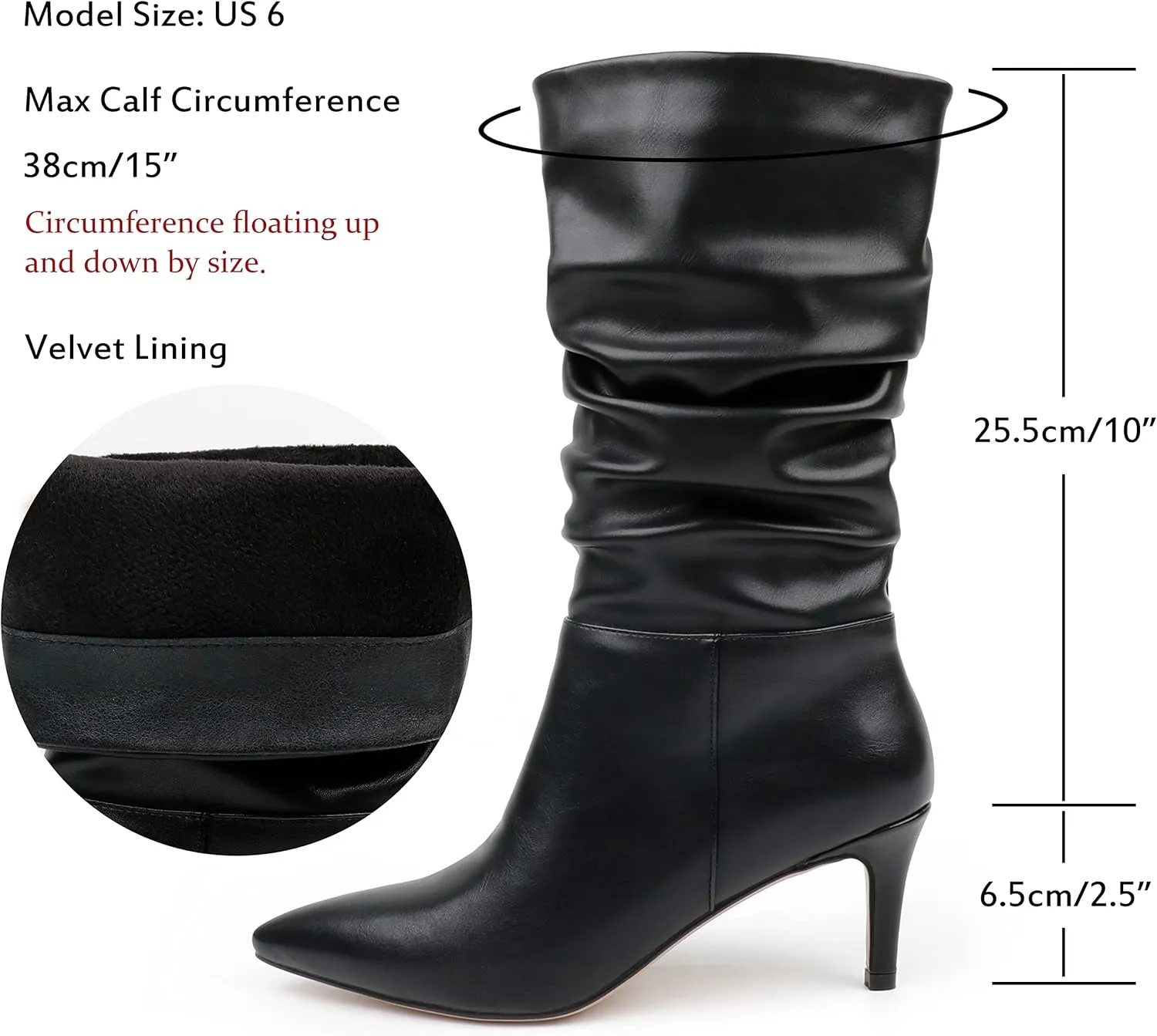 JOY IN LOVE Women's Low Heel Boots, Mid-Calf High Wrinkled Slouchy Boots