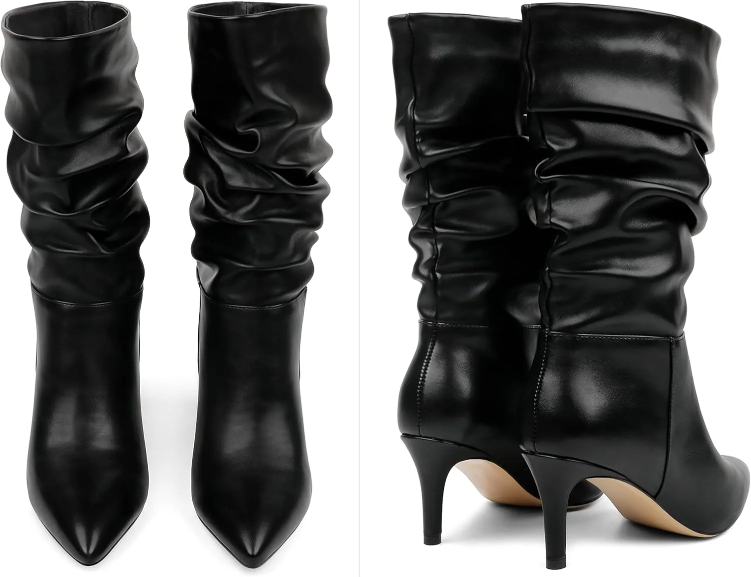 JOY IN LOVE Women's Low Heel Boots, Mid-Calf High Wrinkled Slouchy Boots