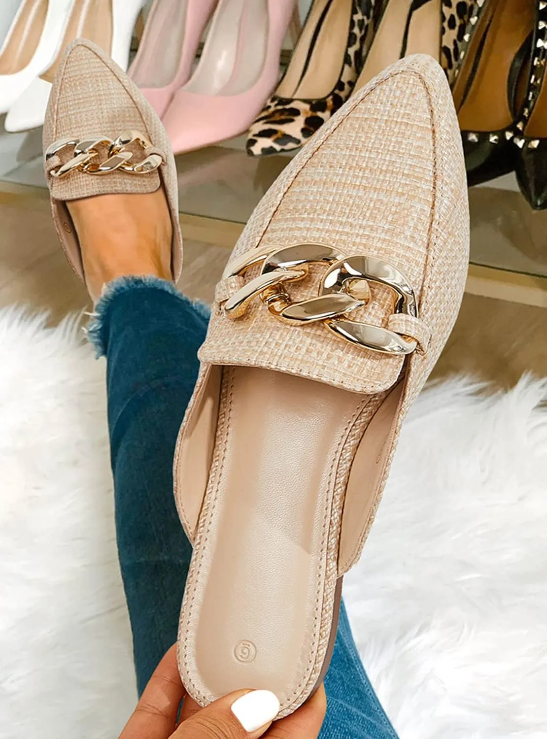 Juliet Holy Womens Mules Flats Pointed Toe Backless Loafers Slip on Metal Chain Slides