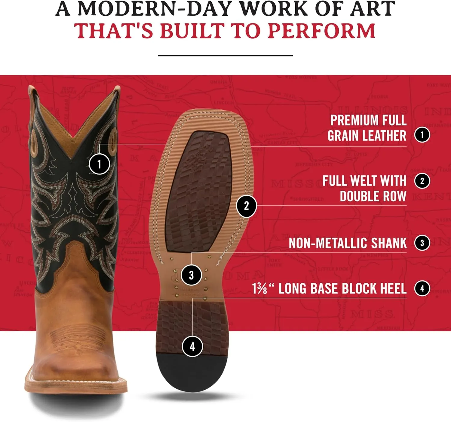 Justin Caddo 11" Western Boots for Men - Durable Premium Full-Grain Leather Square Toe Cowboy Boots Built with Full Double-Stitch Welt Construction