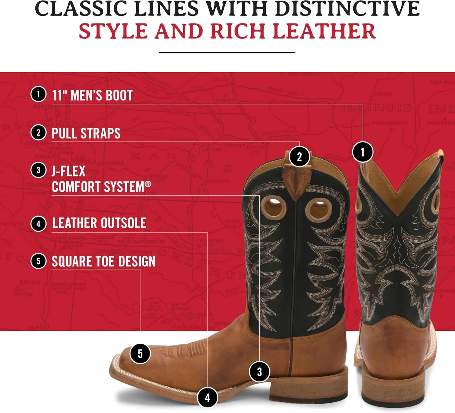 Justin Caddo 11" Western Boots for Men - Durable Premium Full-Grain Leather Square Toe Cowboy Boots Built with Full Double-Stitch Welt Construction