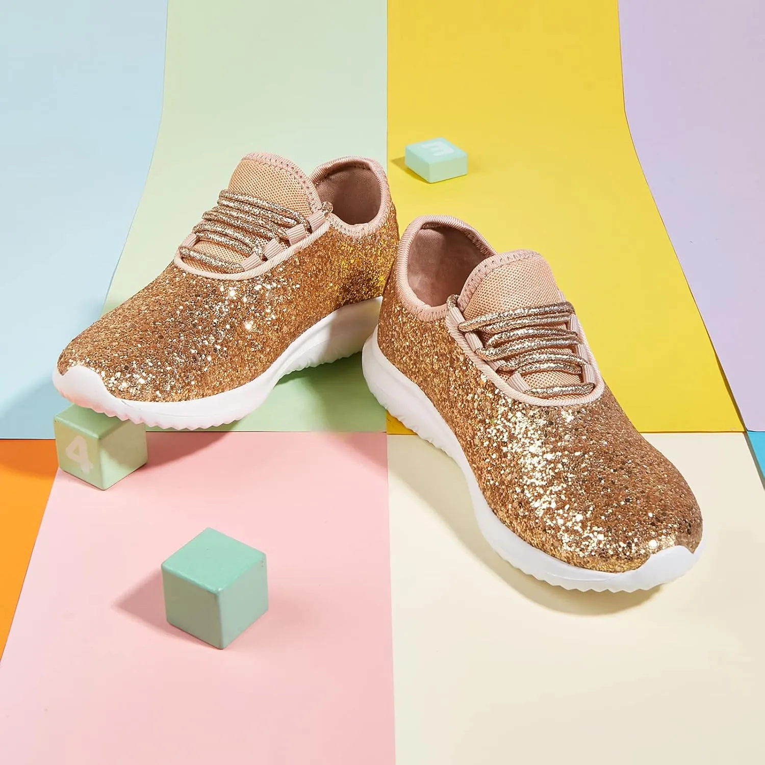 K KIP WOK Girls Glitter Sneakers Sparkle Slip On Walking Shoes for Kids/Children Breathable Running Sneakers