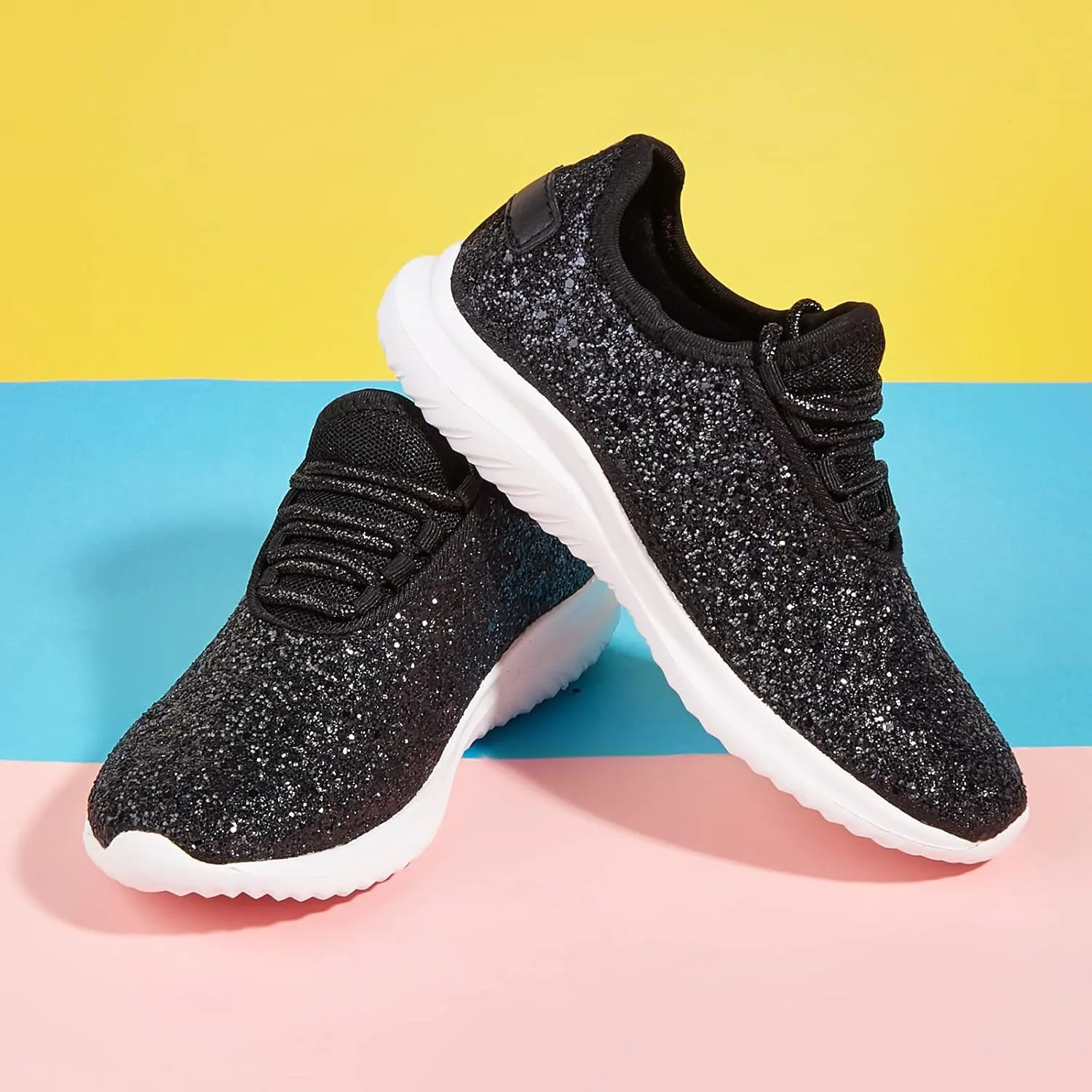K KIP WOK Girls Glitter Sneakers Sparkle Slip On Walking Shoes for Kids/Children Breathable Running Sneakers