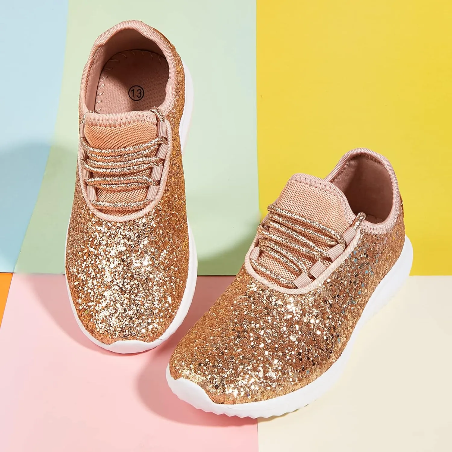 K KIP WOK Girls Glitter Sneakers Sparkle Slip On Walking Shoes for Kids/Children Breathable Running Sneakers