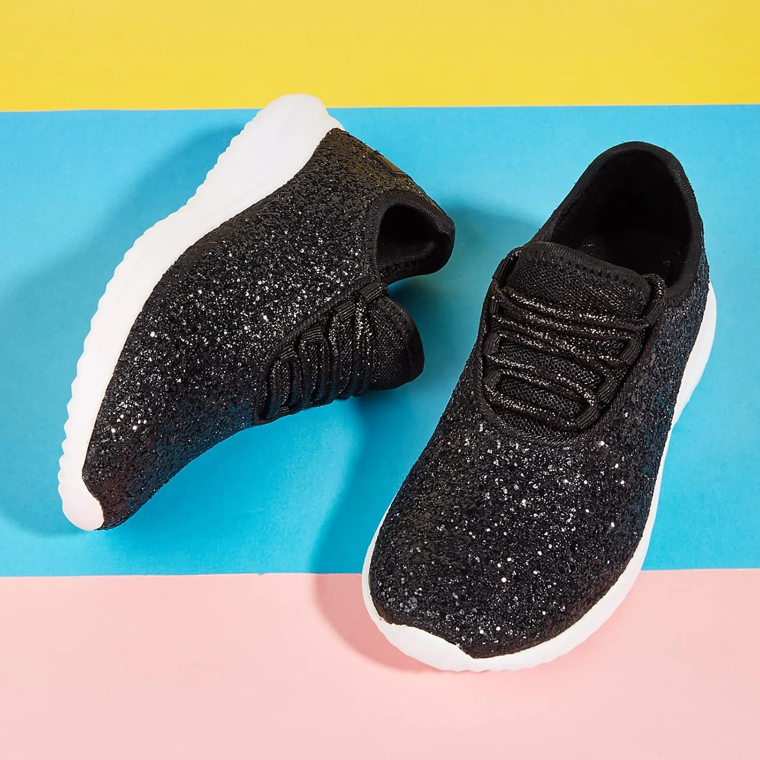 K KIP WOK Girls Glitter Sneakers Sparkle Slip On Walking Shoes for Kids/Children Breathable Running Sneakers
