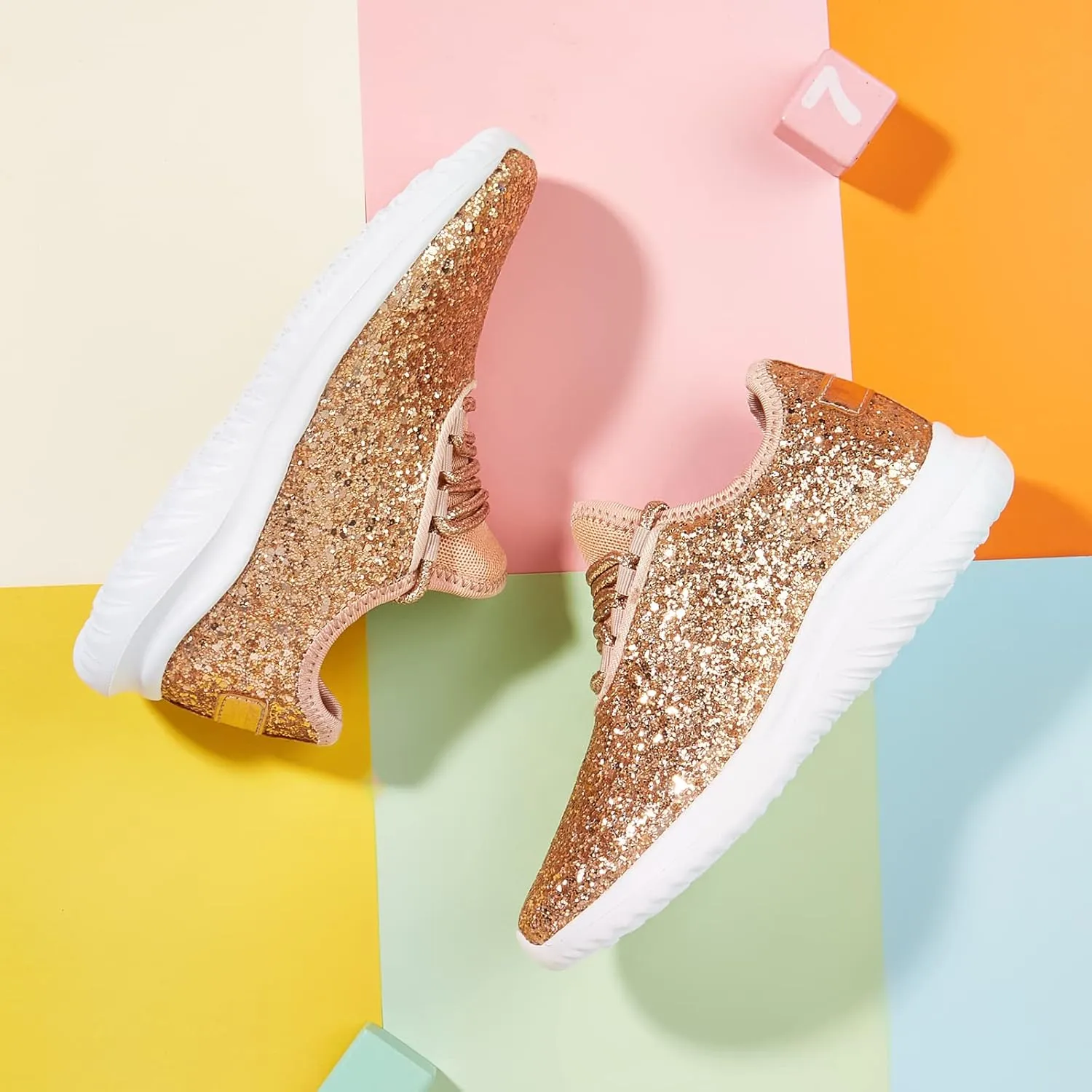K KIP WOK Girls Glitter Sneakers Sparkle Slip On Walking Shoes for Kids/Children Breathable Running Sneakers