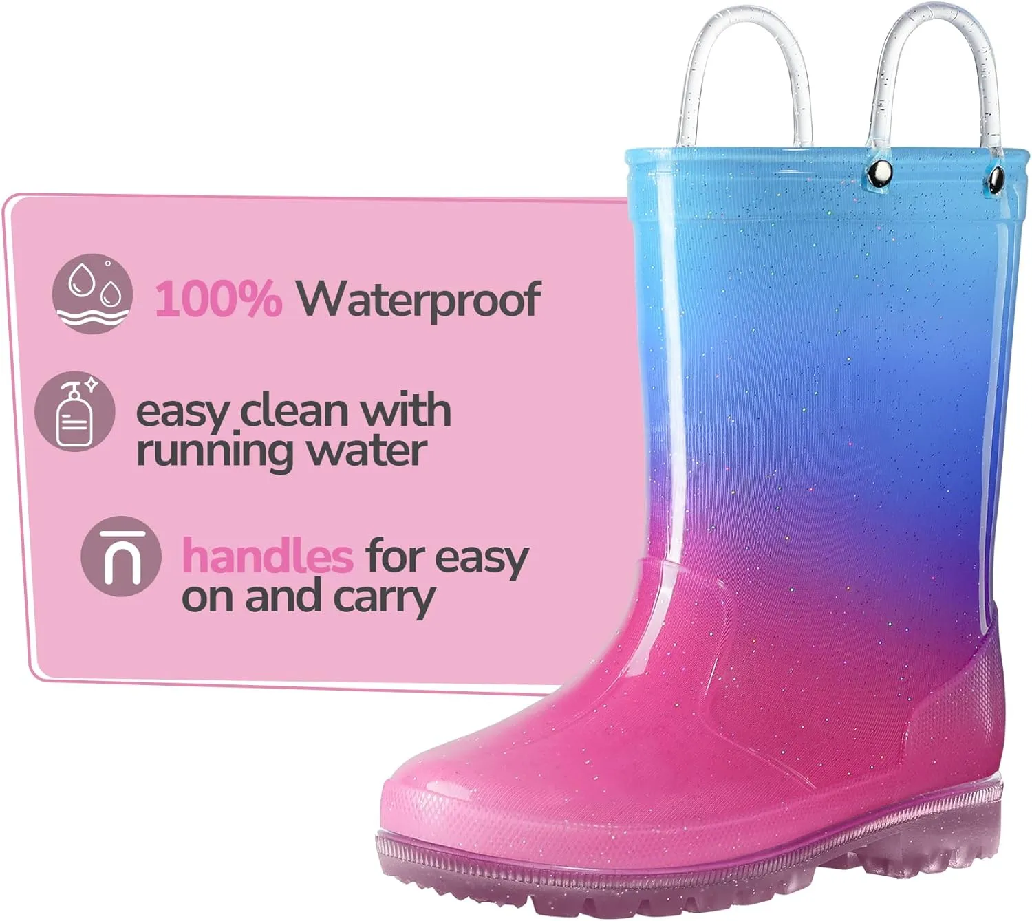 K KomForme Girls Boys Rain Boots Waterproof with Easy on Handles for Toddler/Little Kid/Big Kid