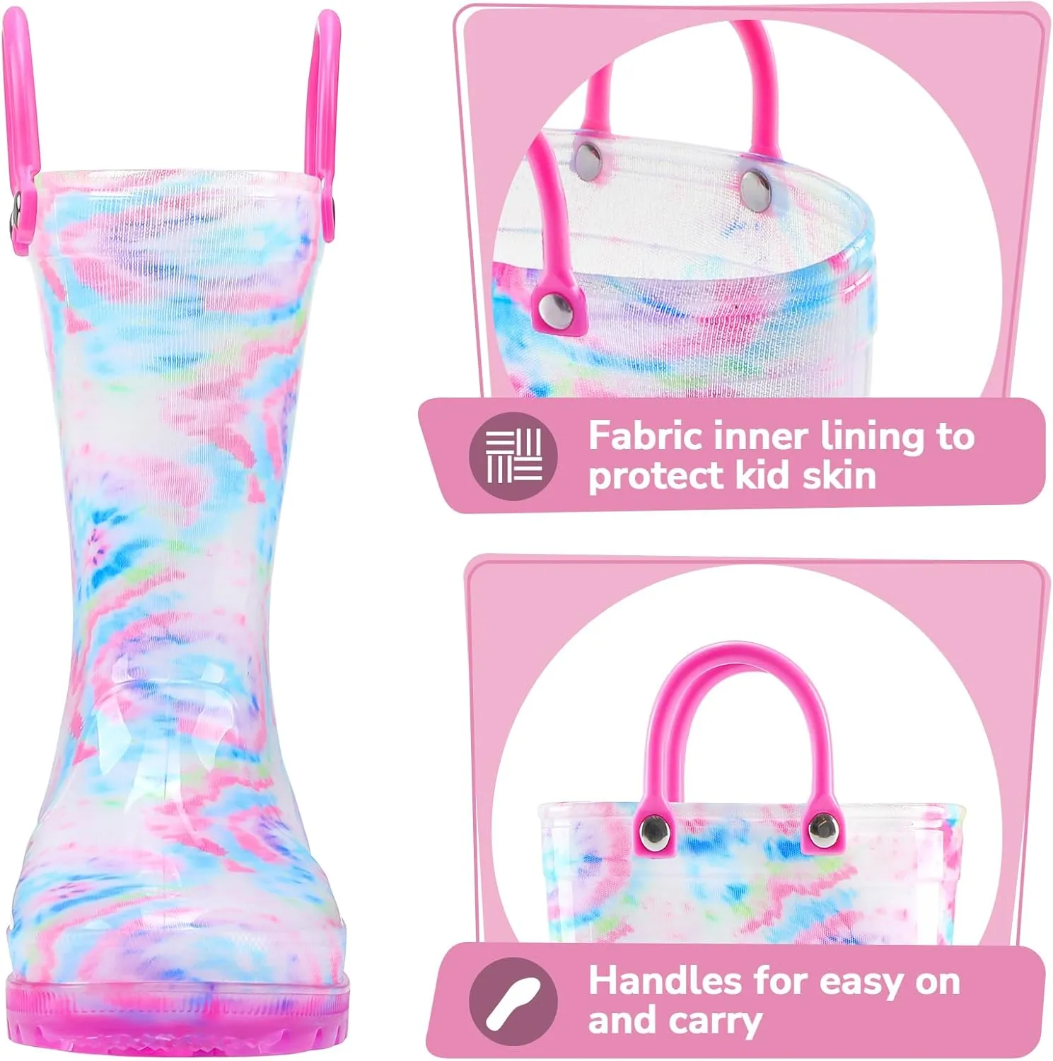 K KomForme Girls Boys Rain Boots Waterproof with Easy on Handles for Toddler/Little Kid/Big Kid