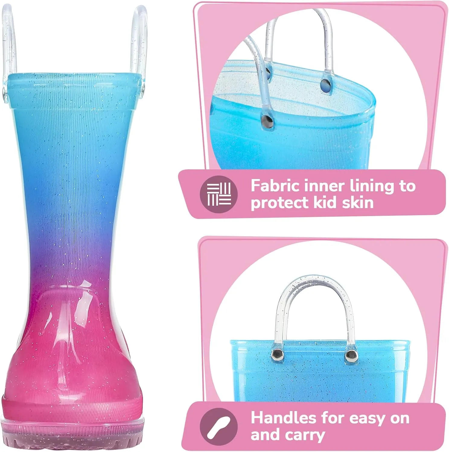 K KomForme Girls Boys Rain Boots Waterproof with Easy on Handles for Toddler/Little Kid/Big Kid