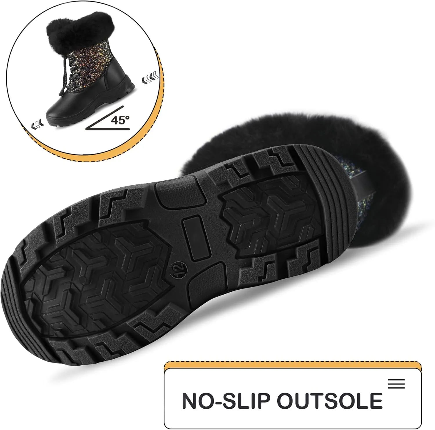 K KomForme Girls Glitter Snow Boots Kids Bungee Lacing Warm Faux Fur-Lined Anti-Slip Outdoor Winter Shoes Toddler/Little Kid/Big Kid