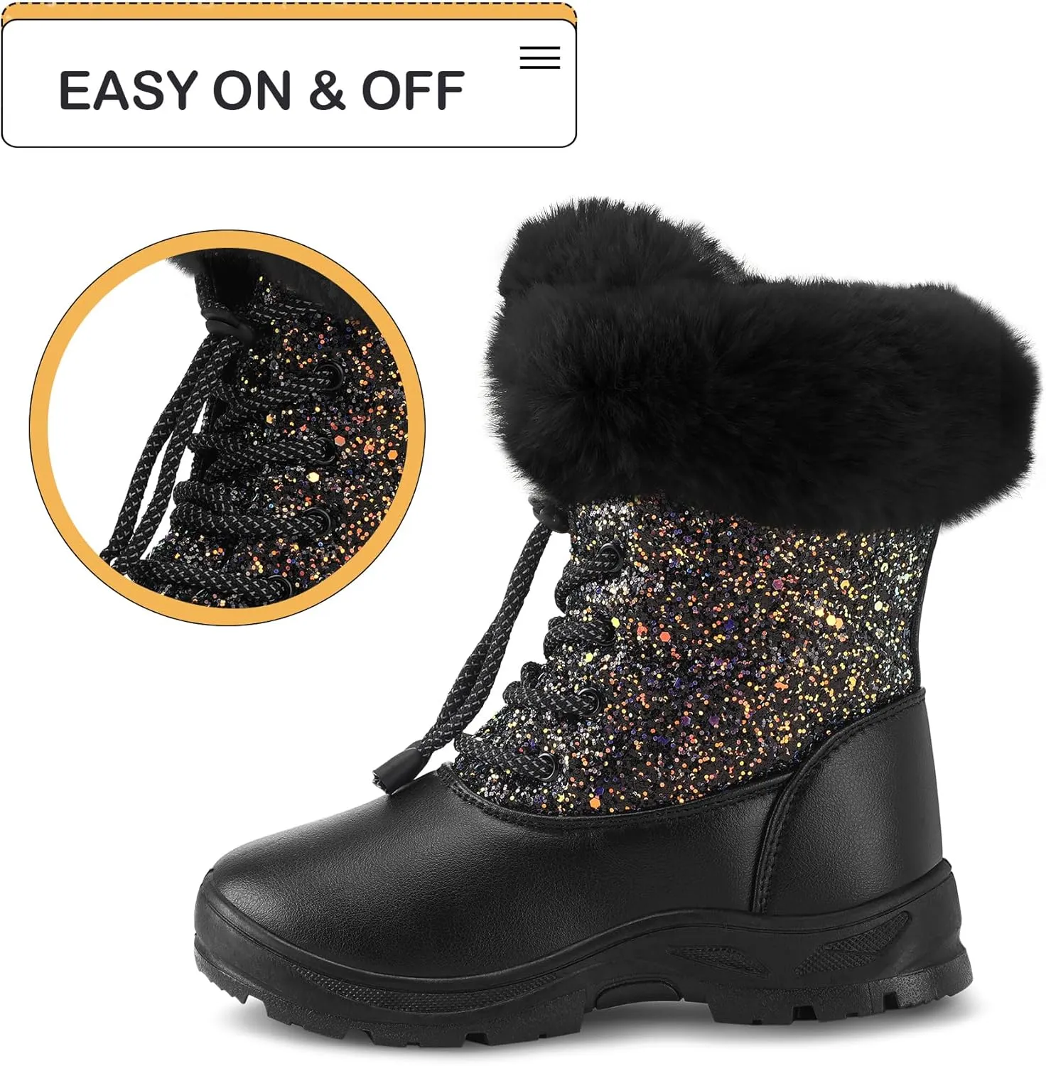 K KomForme Girls Glitter Snow Boots Kids Bungee Lacing Warm Faux Fur-Lined Anti-Slip Outdoor Winter Shoes Toddler/Little Kid/Big Kid