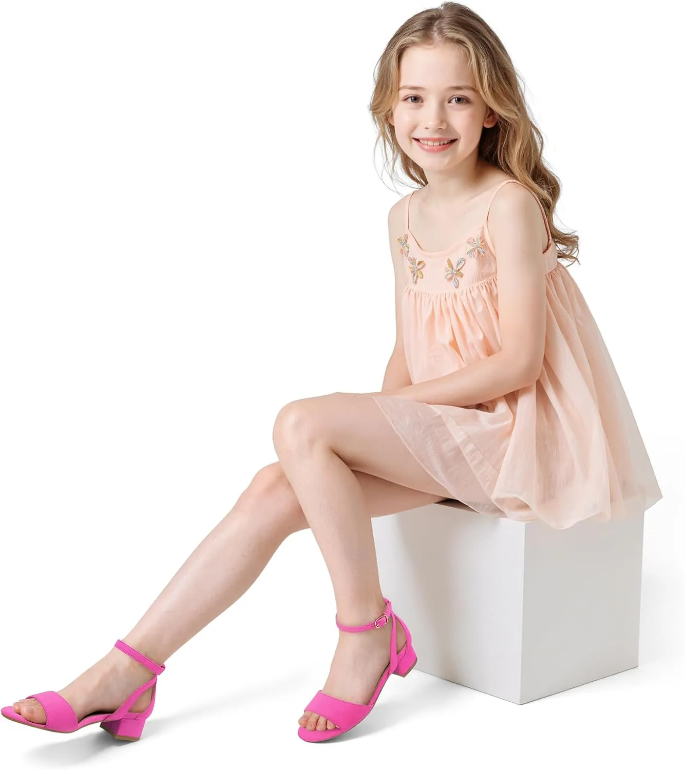 K KomForme Girls Sandals Low Chunky Heels Dress Pumps Ankle Strap Open Toe Flower Wedding Party Dress Shoes for Toddler/Little Kid/Big Kid