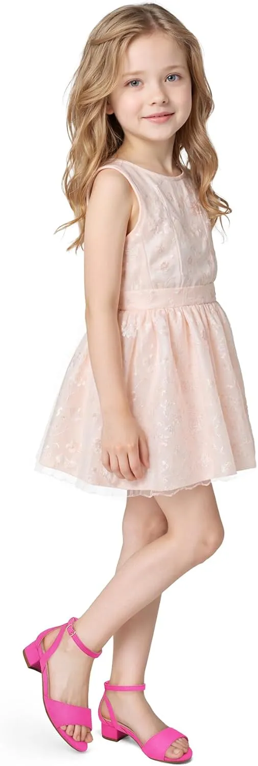 K KomForme Girls Sandals Low Chunky Heels Dress Pumps Ankle Strap Open Toe Flower Wedding Party Dress Shoes for Toddler/Little Kid/Big Kid