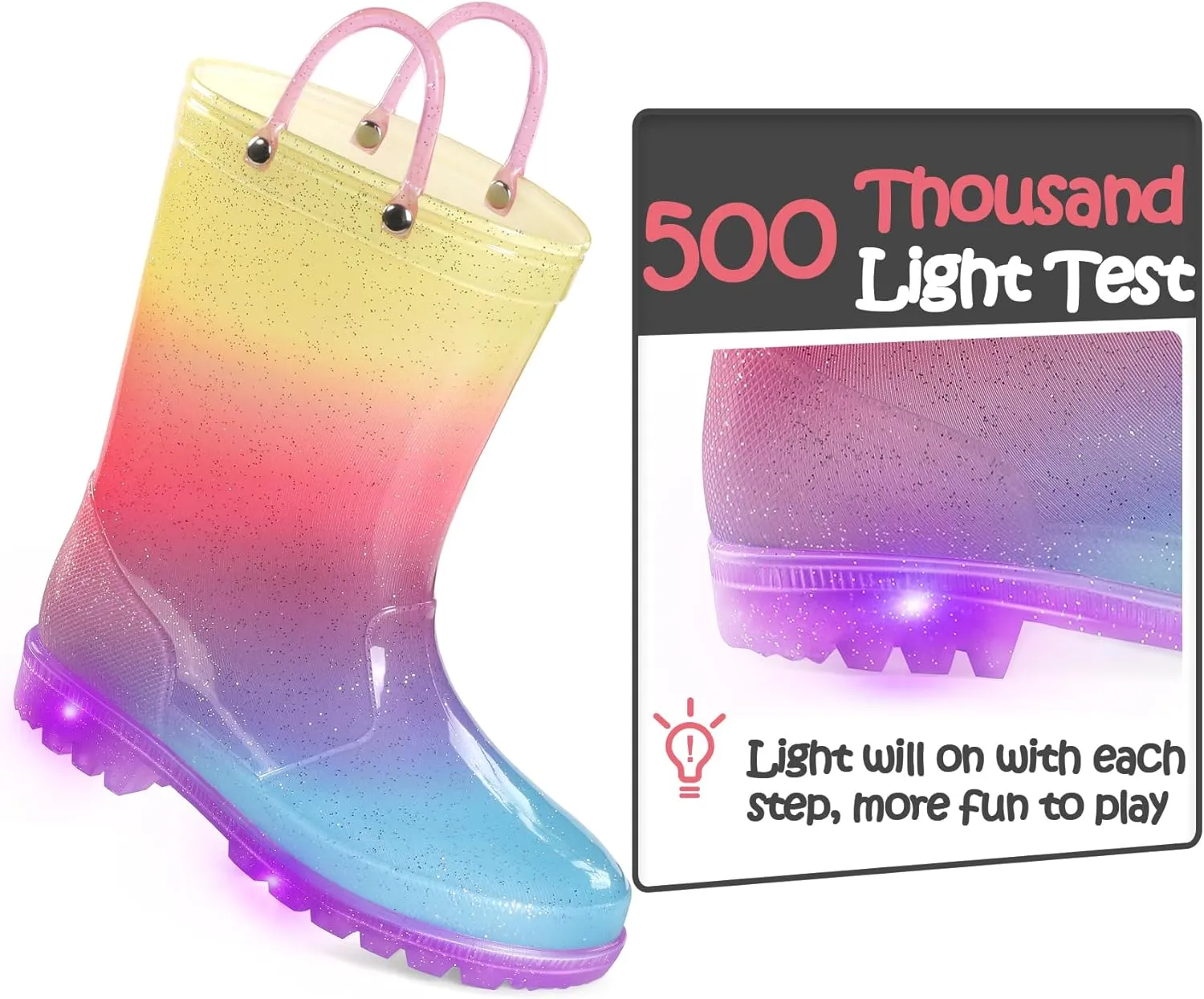 K KomForme Kids Rain Boots, Waterproof Light up Boots with Easy-on Handles