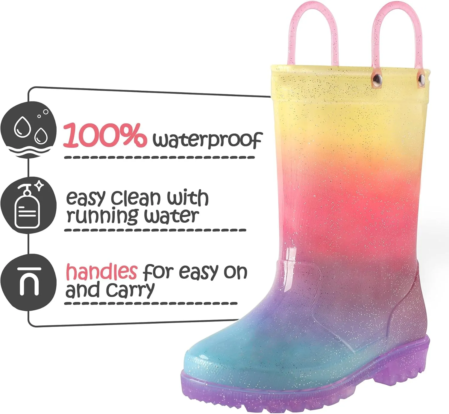 K KomForme Kids Rain Boots, Waterproof Light up Boots with Easy-on Handles