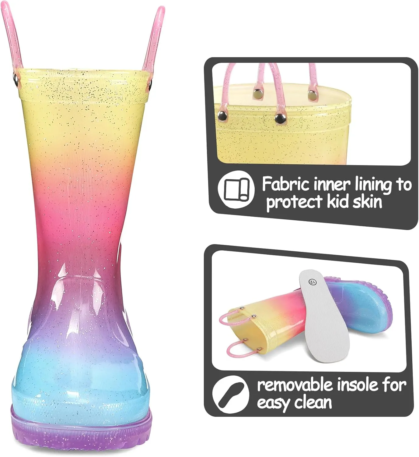 K KomForme Kids Rain Boots, Waterproof Light up Boots with Easy-on Handles