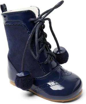 Kids Sienna Patent Unisex Brogue Ankle Boots with Lace-Up & Pom-Pom in 6 Multi Colours