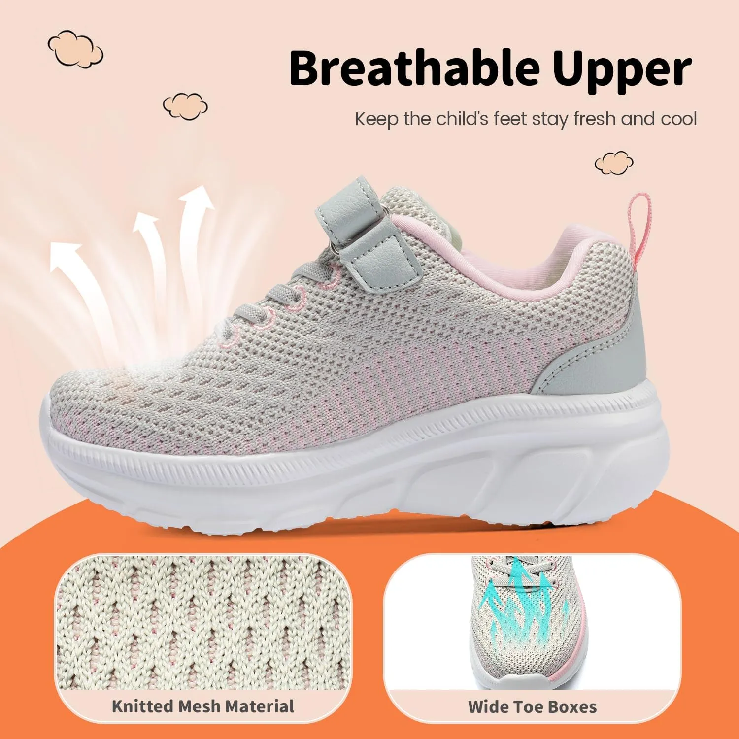 Kids Sneakers for Boys Girls Athletic Running Walking Shoes Lightweight Sports Tennis Shoes Adjustable Strap Sneaker for Little Kid Big Kid Gym School