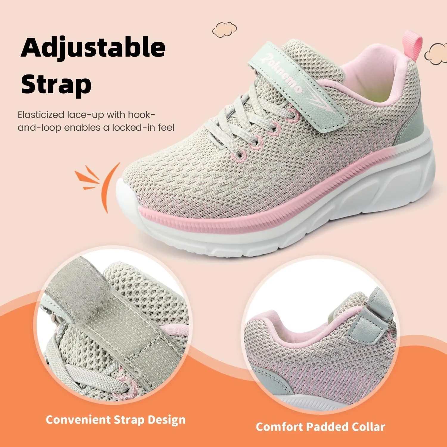 Kids Sneakers for Boys Girls Athletic Running Walking Shoes Lightweight Sports Tennis Shoes Adjustable Strap Sneaker for Little Kid Big Kid Gym School