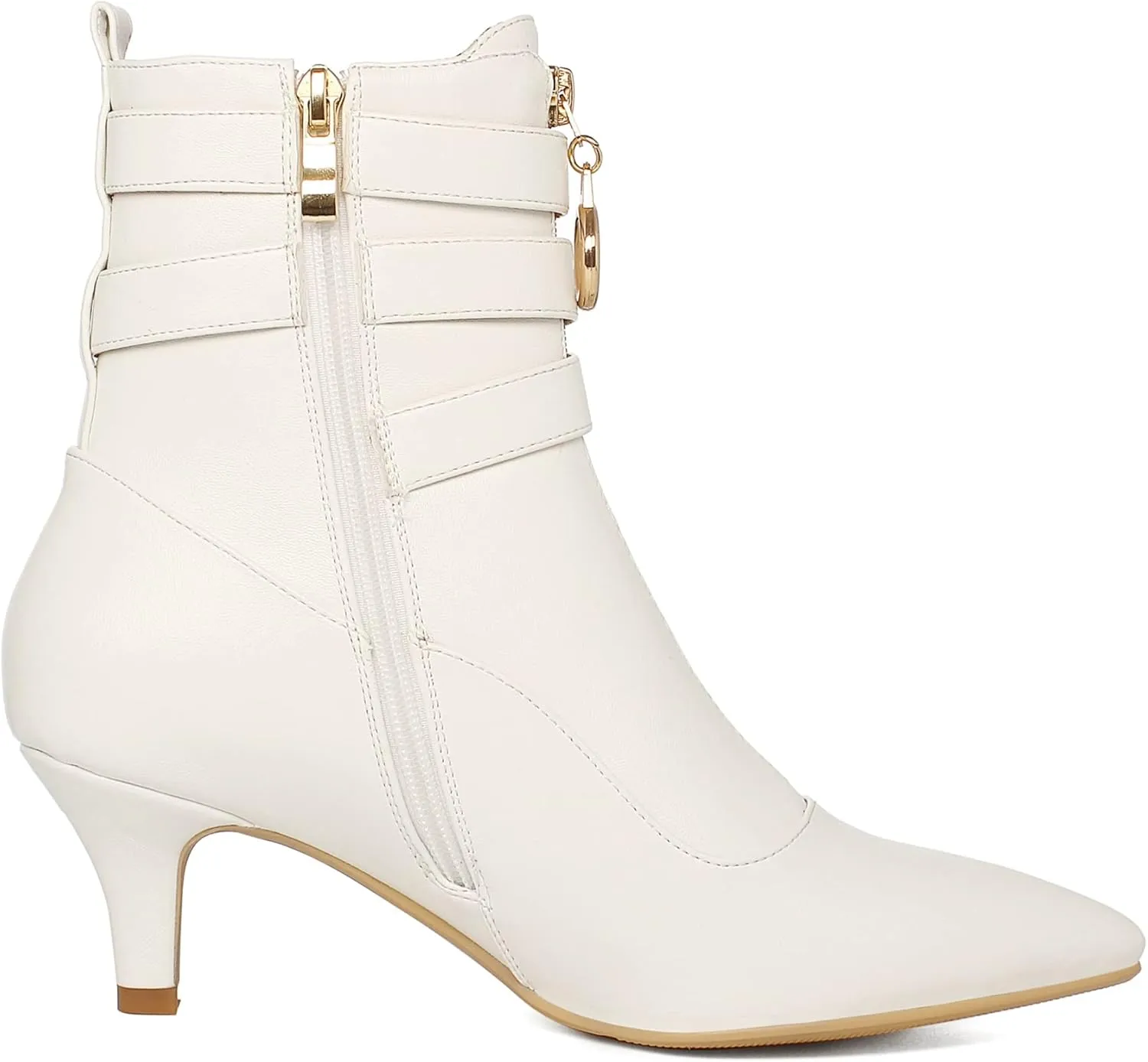 KISSASA Womens Buckle Strap Kitten Heel Booties Pointed Toe Zipper Ankle Boots