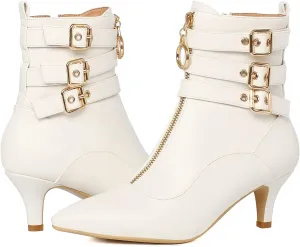 KISSASA Womens Buckle Strap Kitten Heel Booties Pointed Toe Zipper Ankle Boots