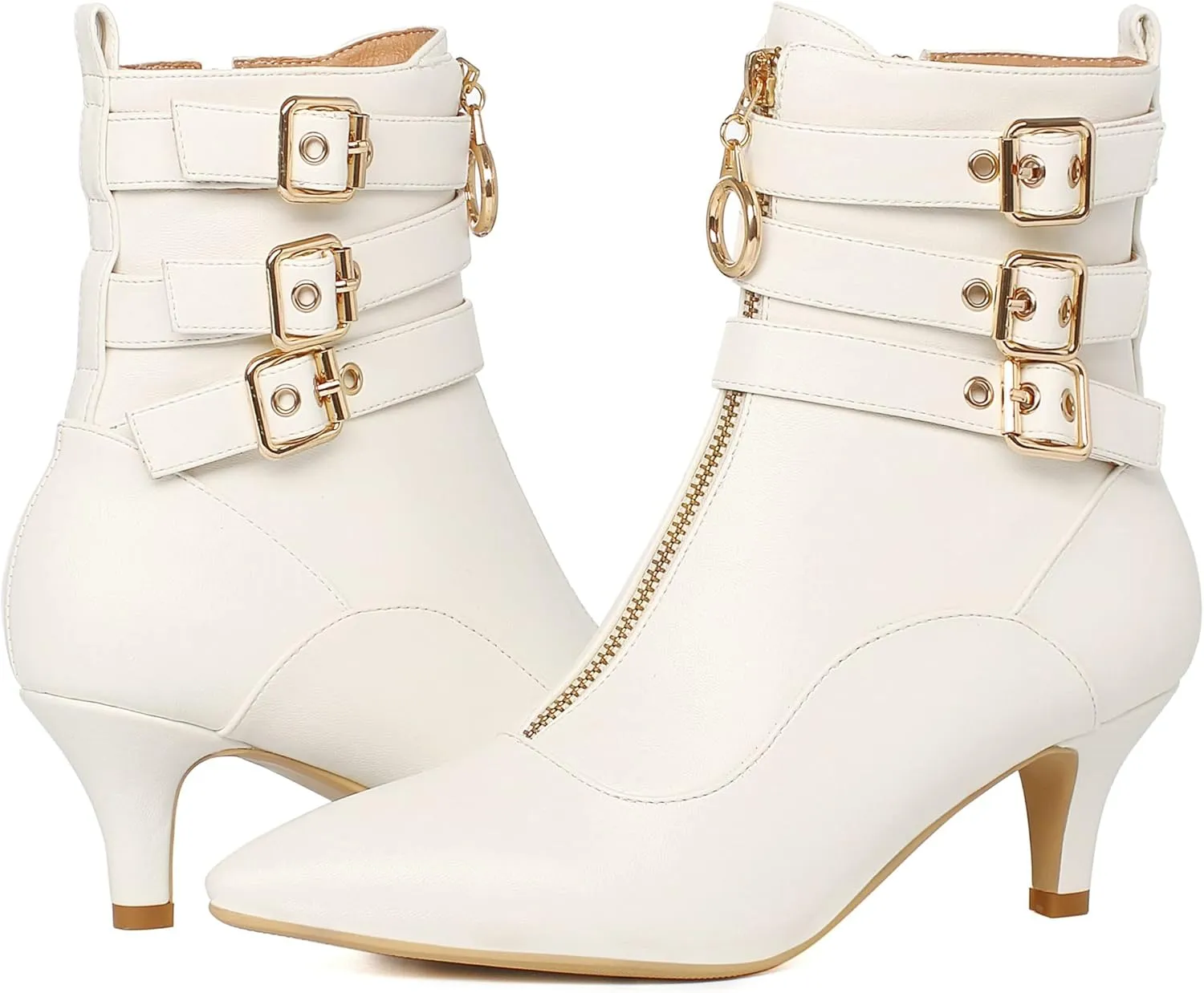 KISSASA Womens Buckle Strap Kitten Heel Booties Pointed Toe Zipper Ankle Boots