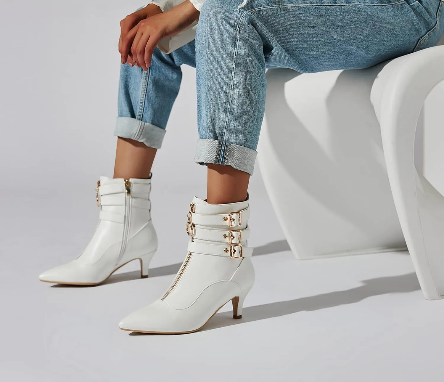 KISSASA Womens Buckle Strap Kitten Heel Booties Pointed Toe Zipper Ankle Boots