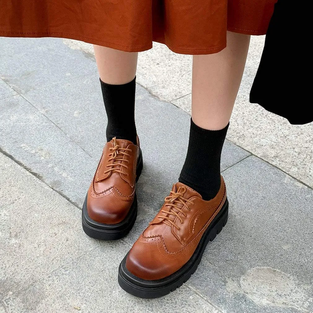 KOKOMOMO Womens Wingtip Platform Oxfords Chunky Vintage Lace Up Heels Shoes