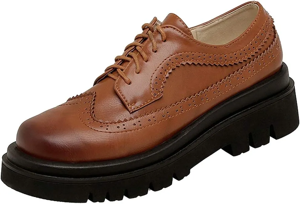 KOKOMOMO Womens Wingtip Platform Oxfords Chunky Vintage Lace Up Heels Shoes