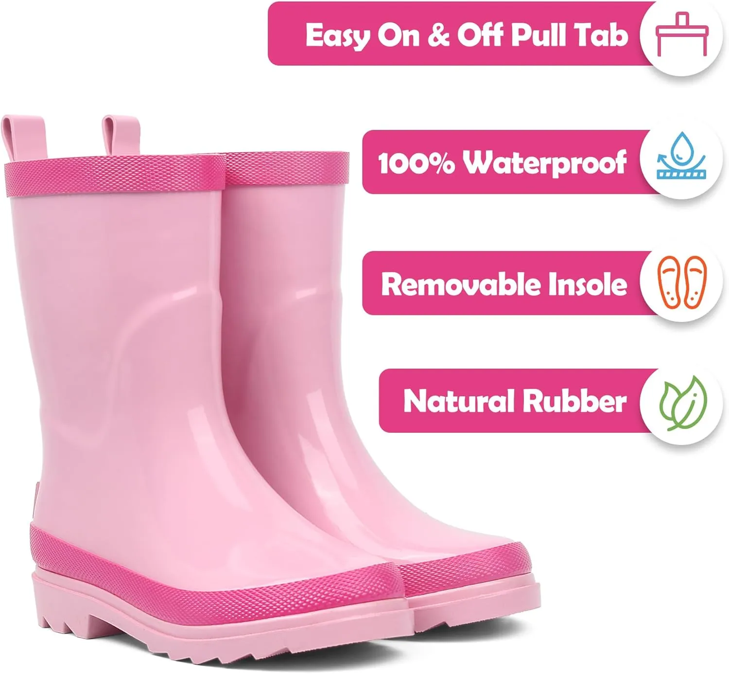 landchief Kids Rain Boots Premium Collection, Waterproof Natural Rubber Boots for Toddlers and Kids