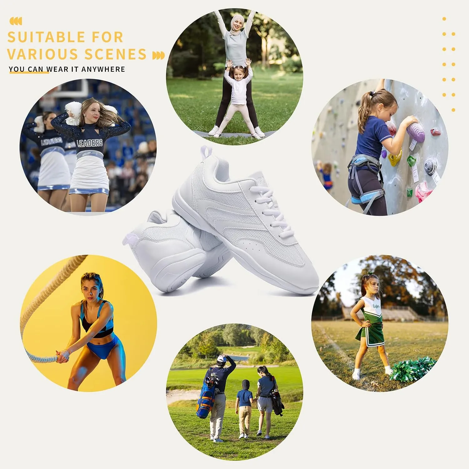 LANDHIKER Cheer Shoes for Women, Girls & Youth - White Cheerleading Gear, Dance, Sports, Tennis Training Athletic Flats Breathable Kids Sneakers