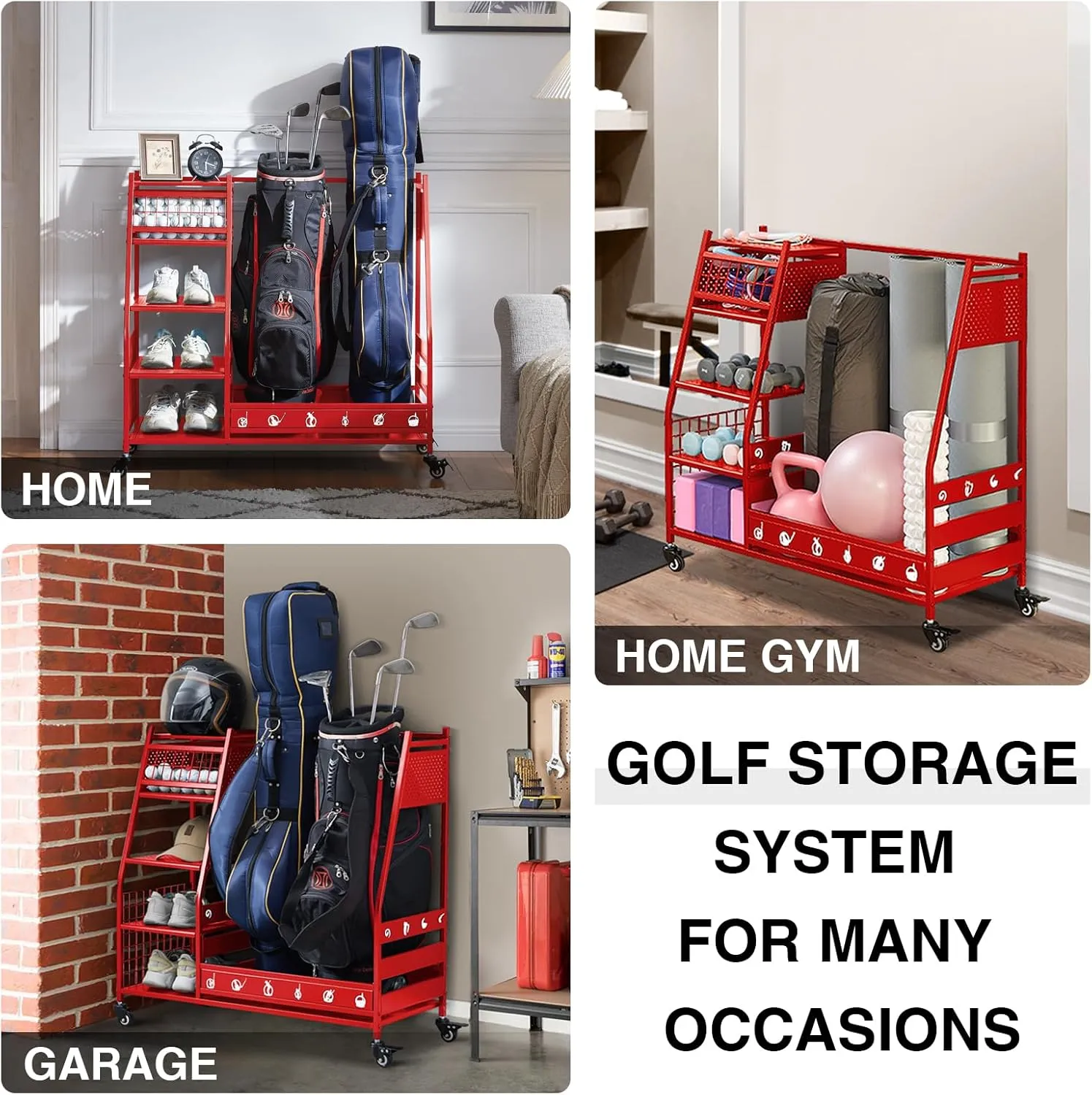 Lauren&Harold Golf Bag Organizer Garage Storage, Golf Storage Rack Stand Fits 2 Golf Bags, Golf Clubs and Other Golfing Equipment Accessories, Golf Organizer for Garage, Club, Shed, Basement
