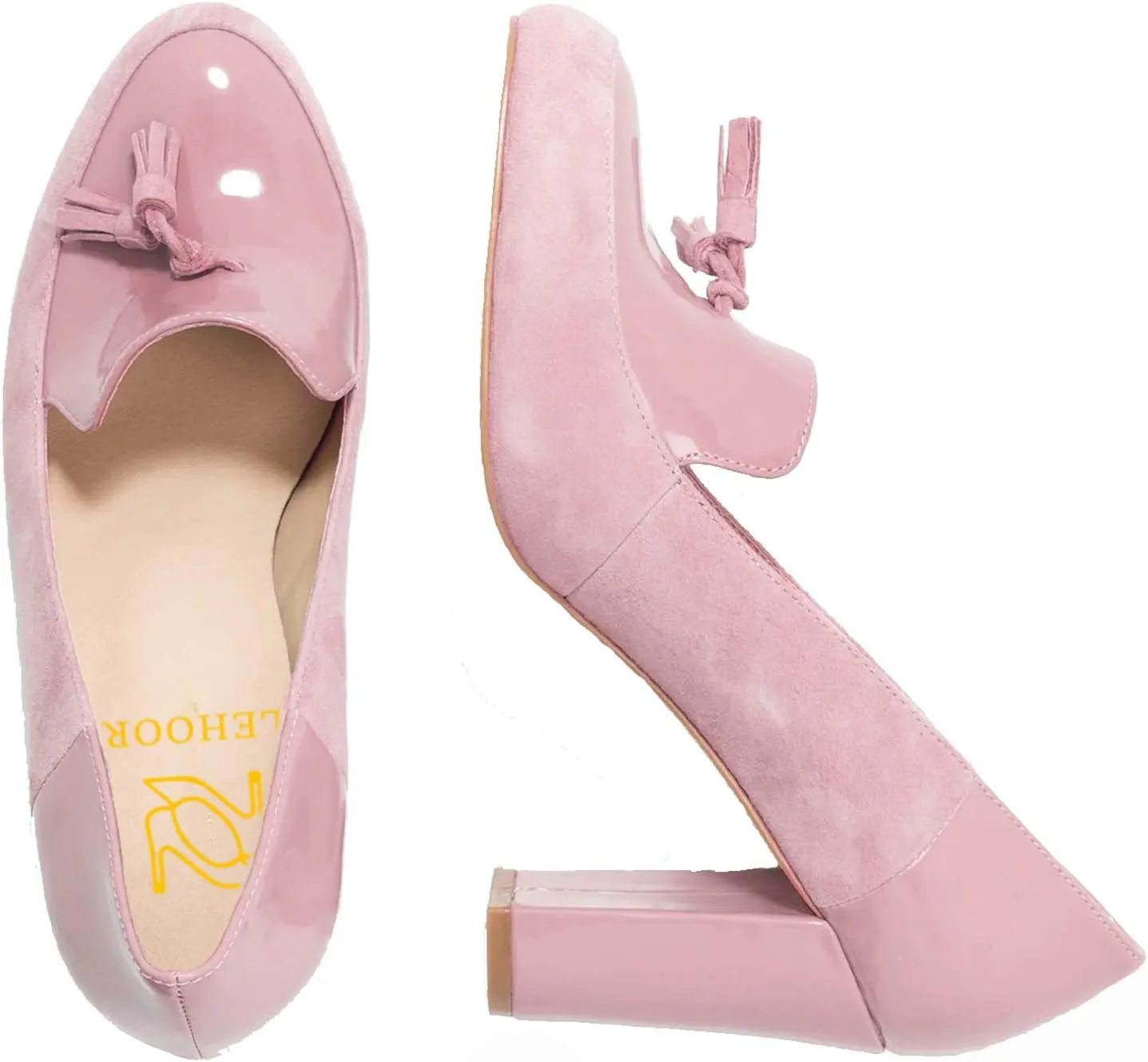 LEHOOR Women Chunky Block High Heel Fringed Pumps Round Toe, Slip On Dress Loafers with Tassel Suede Patent Leather Patchwork for Ladies Girls Office 4-15 M US