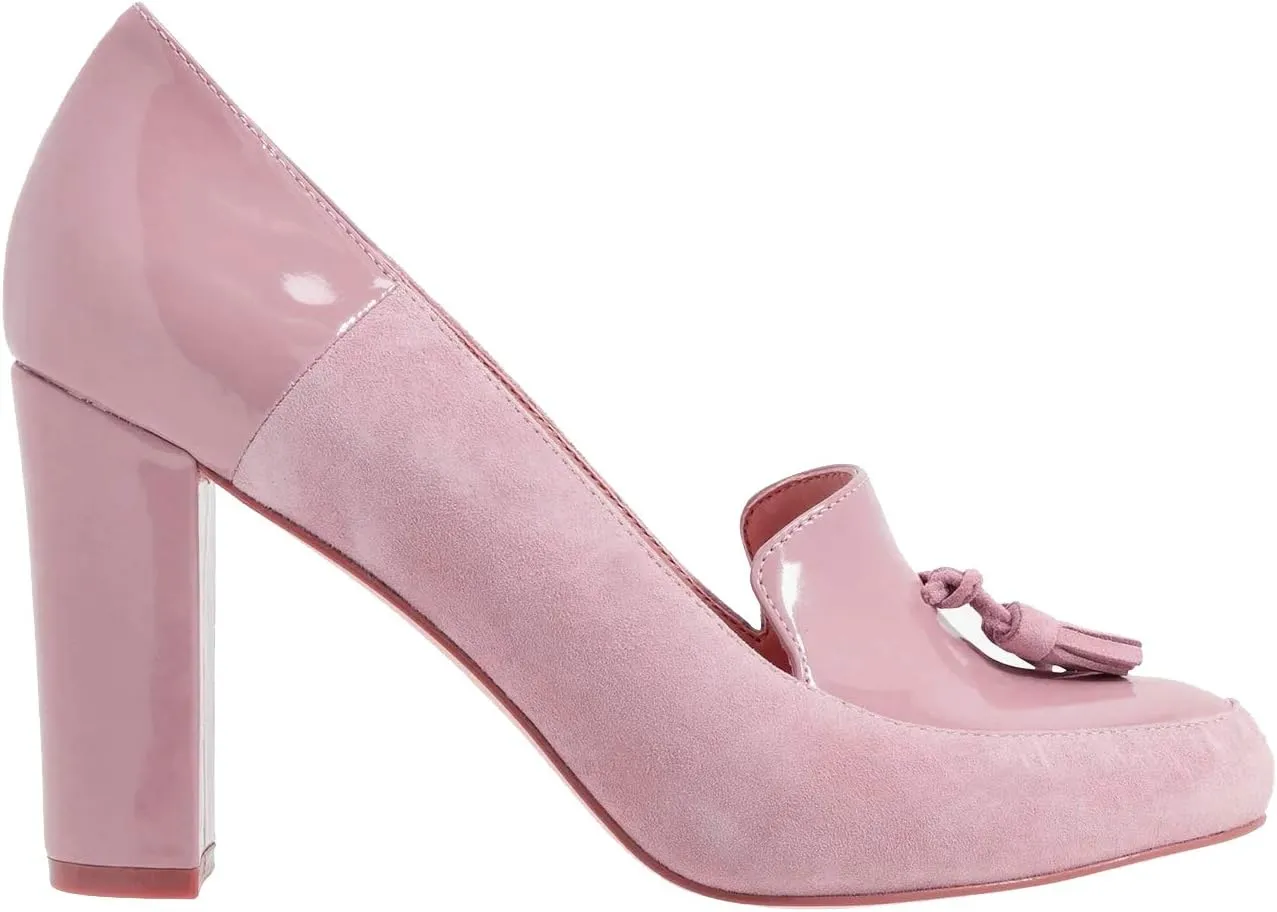 LEHOOR Women Chunky Block High Heel Fringed Pumps Round Toe, Slip On Dress Loafers with Tassel Suede Patent Leather Patchwork for Ladies Girls Office 4-15 M US