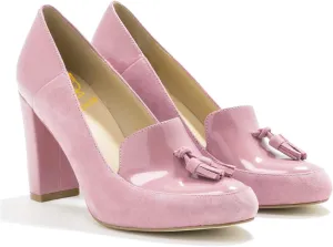 LEHOOR Women Chunky Block High Heel Fringed Pumps Round Toe, Slip On Dress Loafers with Tassel Suede Patent Leather Patchwork for Ladies Girls Office 4-15 M US