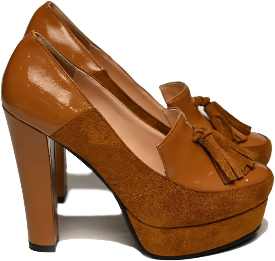 LEHOOR Women Chunky Block High Heel Fringed Pumps Round Toe, Slip On Dress Loafers with Tassel Suede Patent Leather Patchwork for Ladies Girls Office 4-15 M US