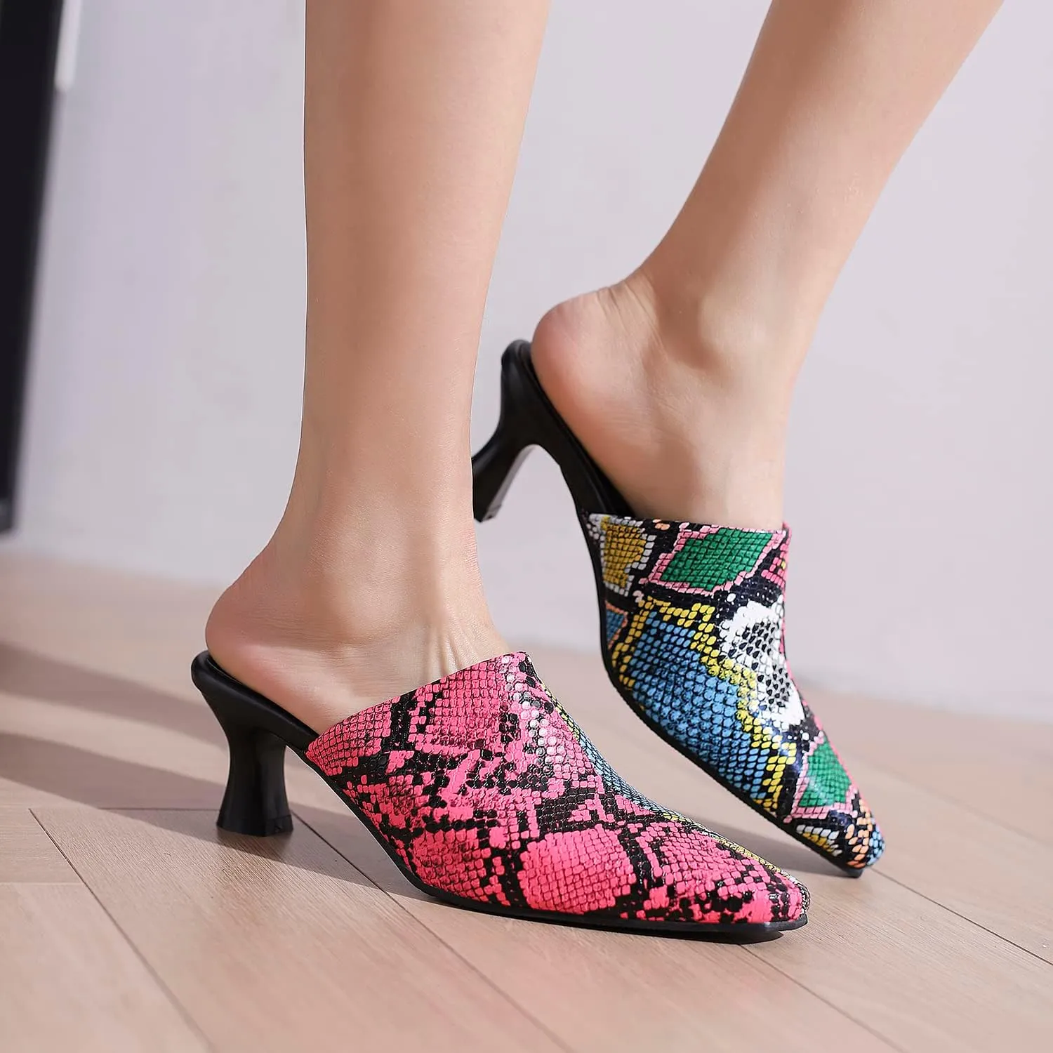 LEHOOR Women Closed Toe Kitten Heel Mules Two Toned Slip On Square Toe Mule Heels Animal Print 2 Inch Mid Chunky Heel Slide Sandals Backless Dress Heeled Slides Fashion Casual Office Party 4-15 M US