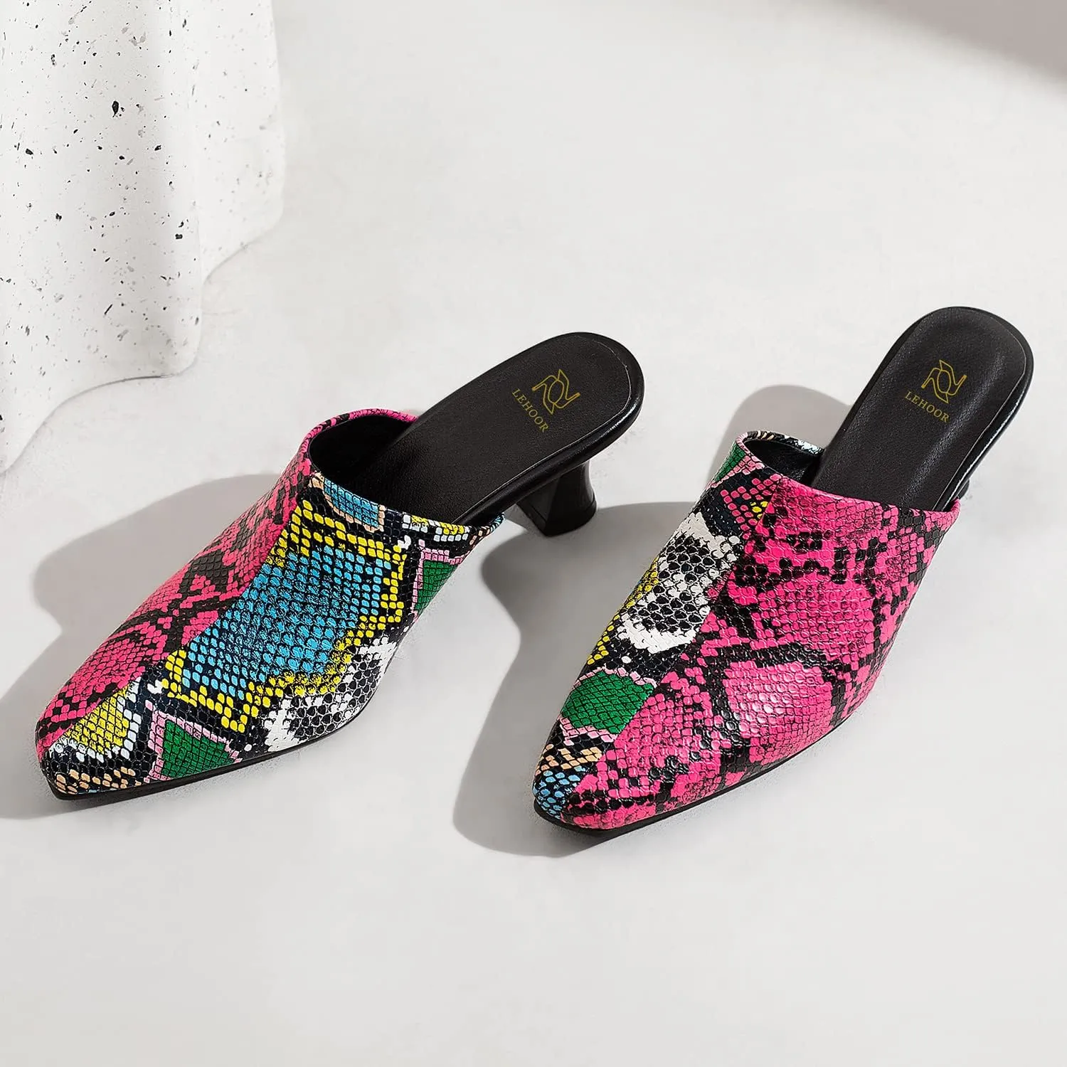 LEHOOR Women Closed Toe Kitten Heel Mules Two Toned Slip On Square Toe Mule Heels Animal Print 2 Inch Mid Chunky Heel Slide Sandals Backless Dress Heeled Slides Fashion Casual Office Party 4-15 M US