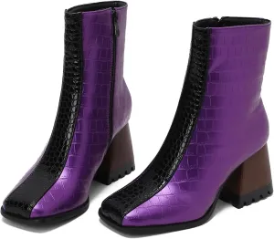 LEHOOR Women Square Toe Ankle Boots Chunky Block Heel Side Zipper Sock Booties Crocodile Snakeskin Two-Toned Combat Boots Patchwork Multicolored Fall Dress Boot Chic Fashion Party Work 4-15 M US