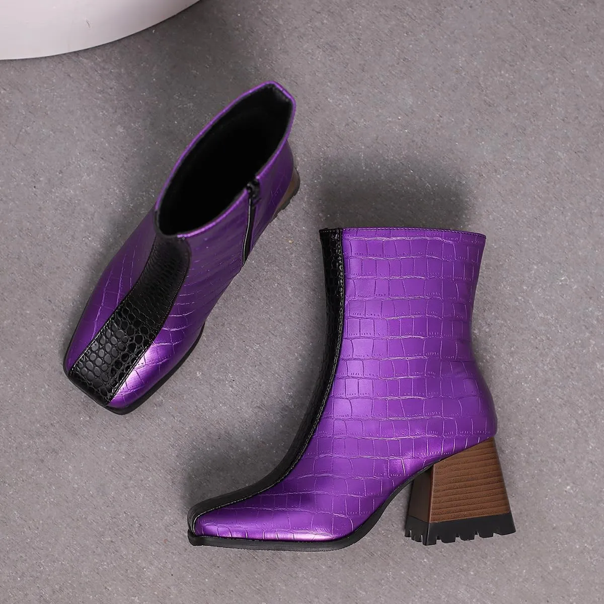 LEHOOR Women Square Toe Ankle Boots Chunky Block Heel Side Zipper Sock Booties Crocodile Snakeskin Two-Toned Combat Boots Patchwork Multicolored Fall Dress Boot Chic Fashion Party Work 4-15 M US