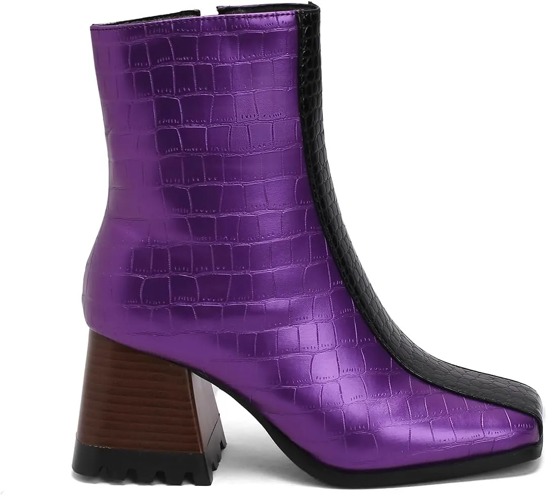 LEHOOR Women Square Toe Ankle Boots Chunky Block Heel Side Zipper Sock Booties Crocodile Snakeskin Two-Toned Combat Boots Patchwork Multicolored Fall Dress Boot Chic Fashion Party Work 4-15 M US