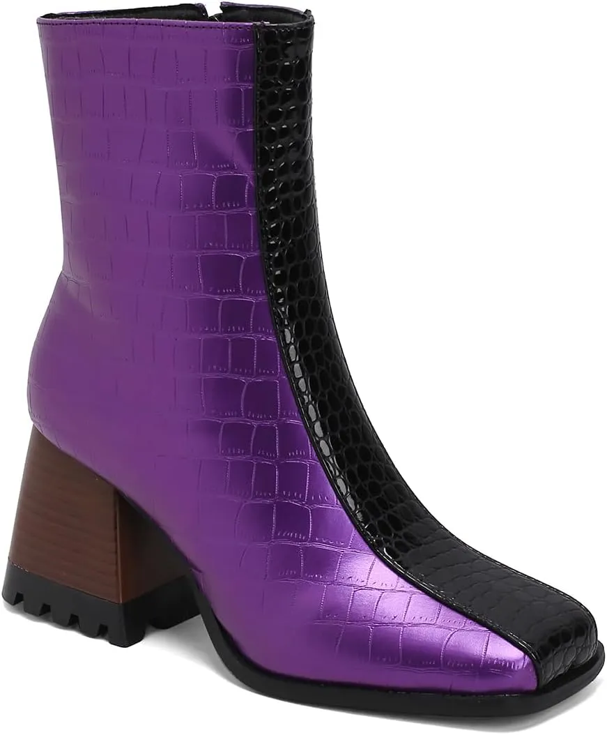 LEHOOR Women Square Toe Ankle Boots Chunky Block Heel Side Zipper Sock Booties Crocodile Snakeskin Two-Toned Combat Boots Patchwork Multicolored Fall Dress Boot Chic Fashion Party Work 4-15 M US