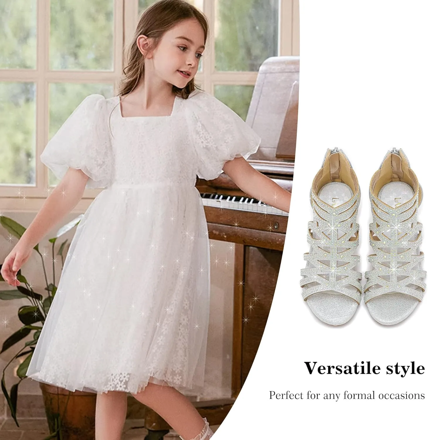 Little Girls Sandals High Heels Formal Shoes Open Toe Pump Sandals Glitter Party Wedding Shoes for Big Kids Toddler