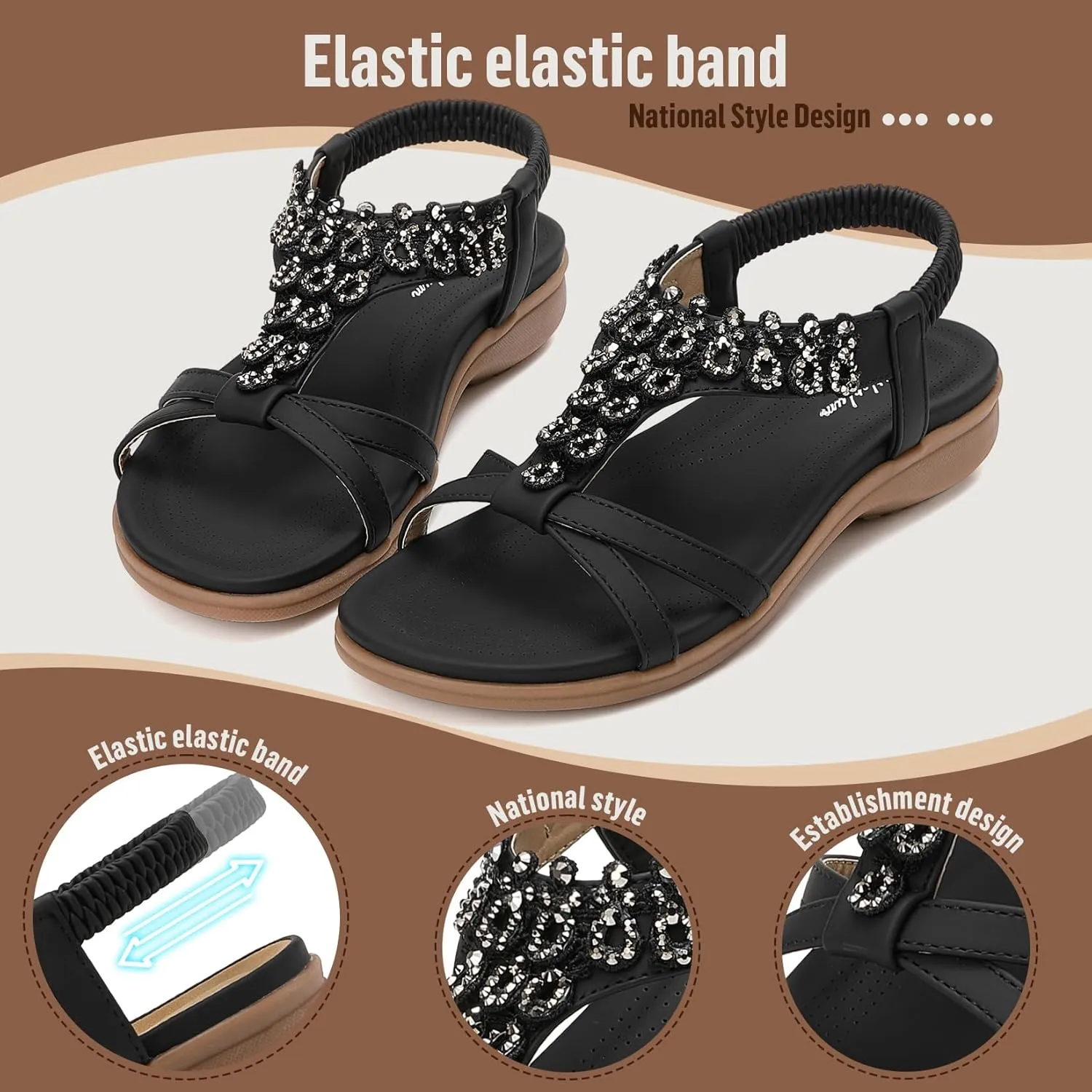 Littleplum Womens Sandals Arch Support Slingback Rhinestone Dressy Sandals Comfort Summer Shoes Ankle Strap Elastic Flats for Beach Walking