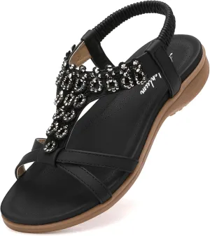 Littleplum Womens Sandals Arch Support Slingback Rhinestone Dressy Sandals Comfort Summer Shoes Ankle Strap Elastic Flats for Beach Walking